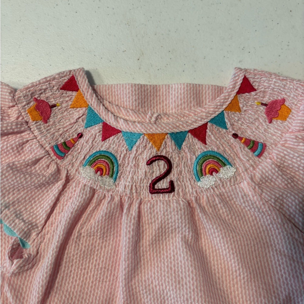 Mud Pie 2nd Birthday Dress – Pink Seersucker Rainbow Party Dress (Size 2T)